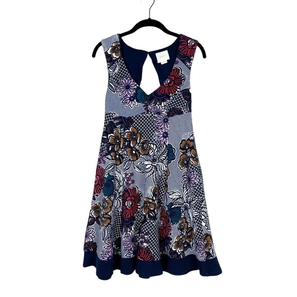 Anthropologie Maeve Blue Floral Keyhole Back Fairchild Flared Dress Size XS - Picture 2 of 7